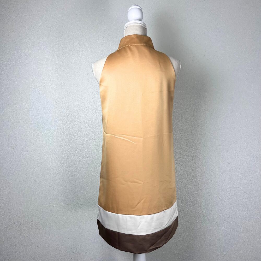 Loalde Gold Colorblock Bow Neck Sleeveless Shift Dress 6 Mod Retro Satin - Picture 5 of 6